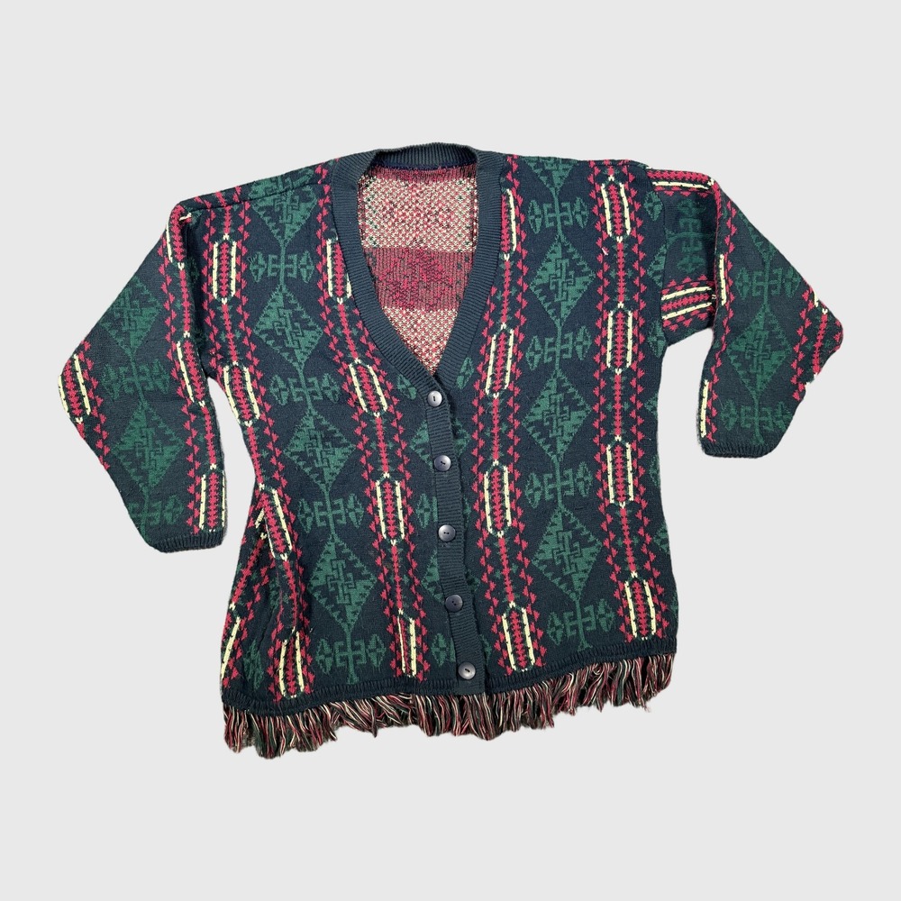Vintage Southwestern Fringe Geometric Knit Cardigan Sweater Navy Green Red JK 23